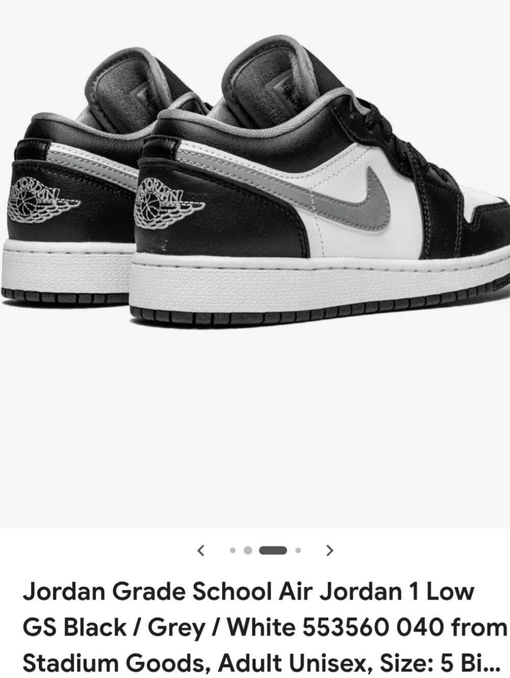 Nike Air Jordan 1 Low Kids' Sneakers - Black/Grey/White 7Y or Womens 8.5